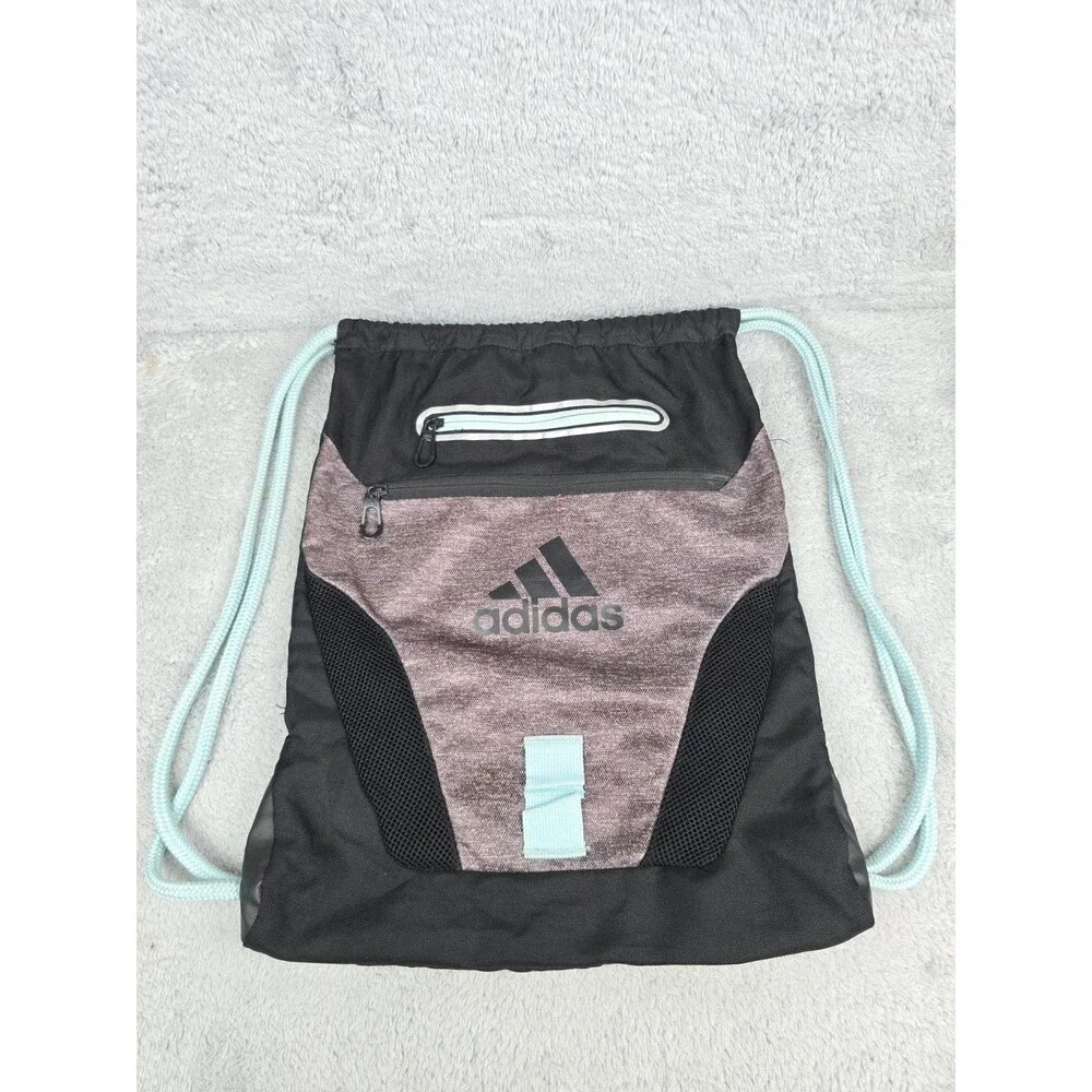 ​Adidas Black Drawstring Gym Bag Cinch Backpack Mint Blue Accents Gym Sports